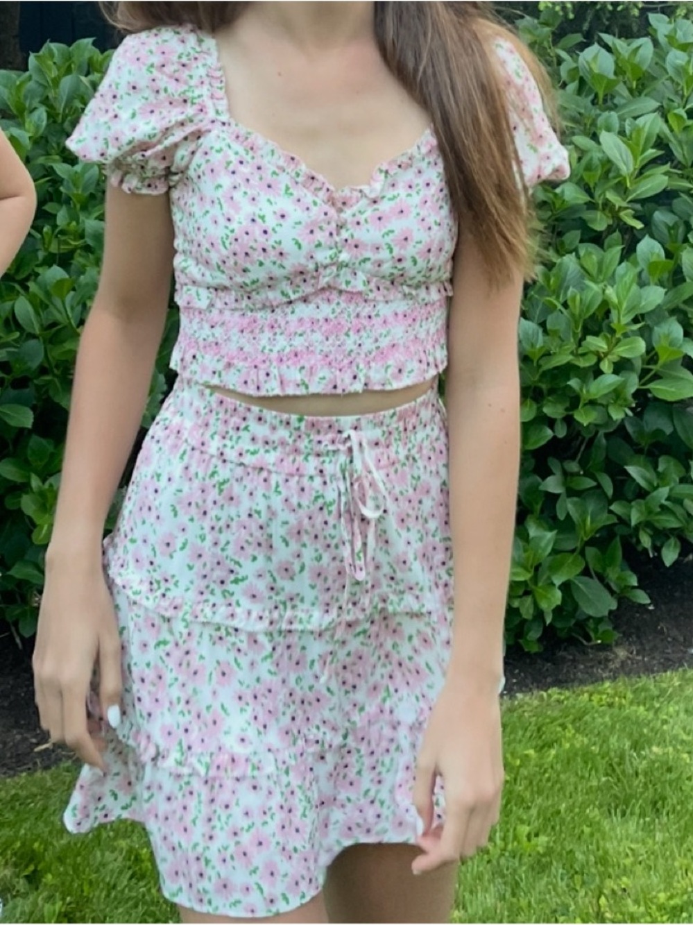 Alice + Olivia Pink Floral Tiered Drawstring Skirt Set